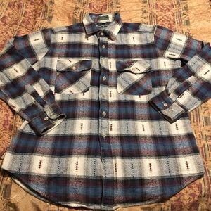 Campus blue, white, and purple flannel button down shirt